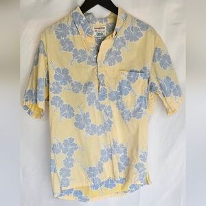 Kahala Reverse Print Hibiscus Half Button Aloha Shirt Yellow/Blue Large